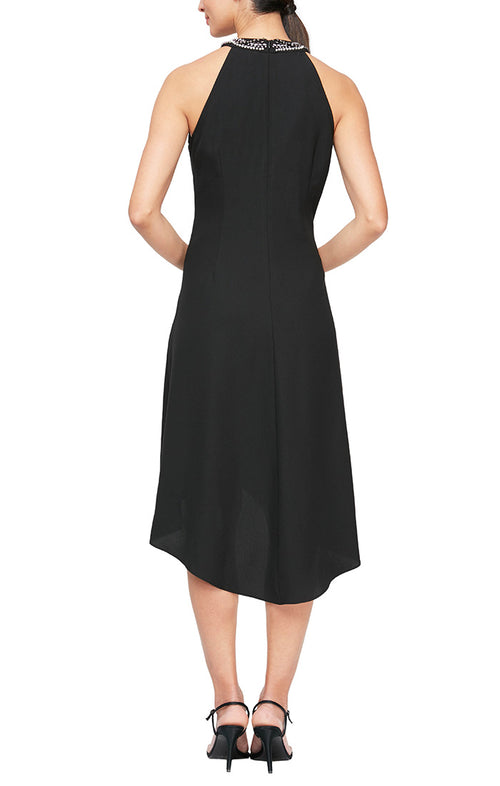Petite Crepe Cocktail Dress with Beaded Neckline and Ruffle Front Detail