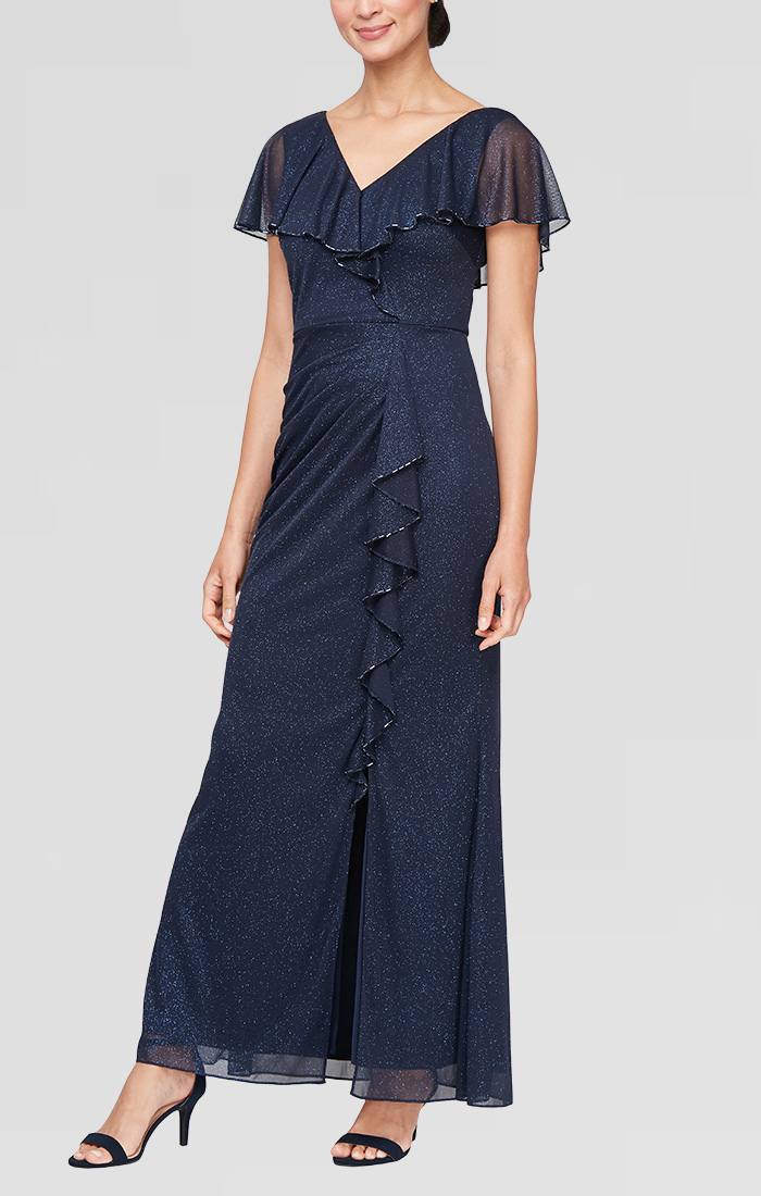 Regular - Long Capelet Dress with Cascade Detail Skirt and Bugle Bead S.L. Fashions Regular - Long Capelet Dress with Cascade Detail Skirt and Bugle Bead S.L. Fashions