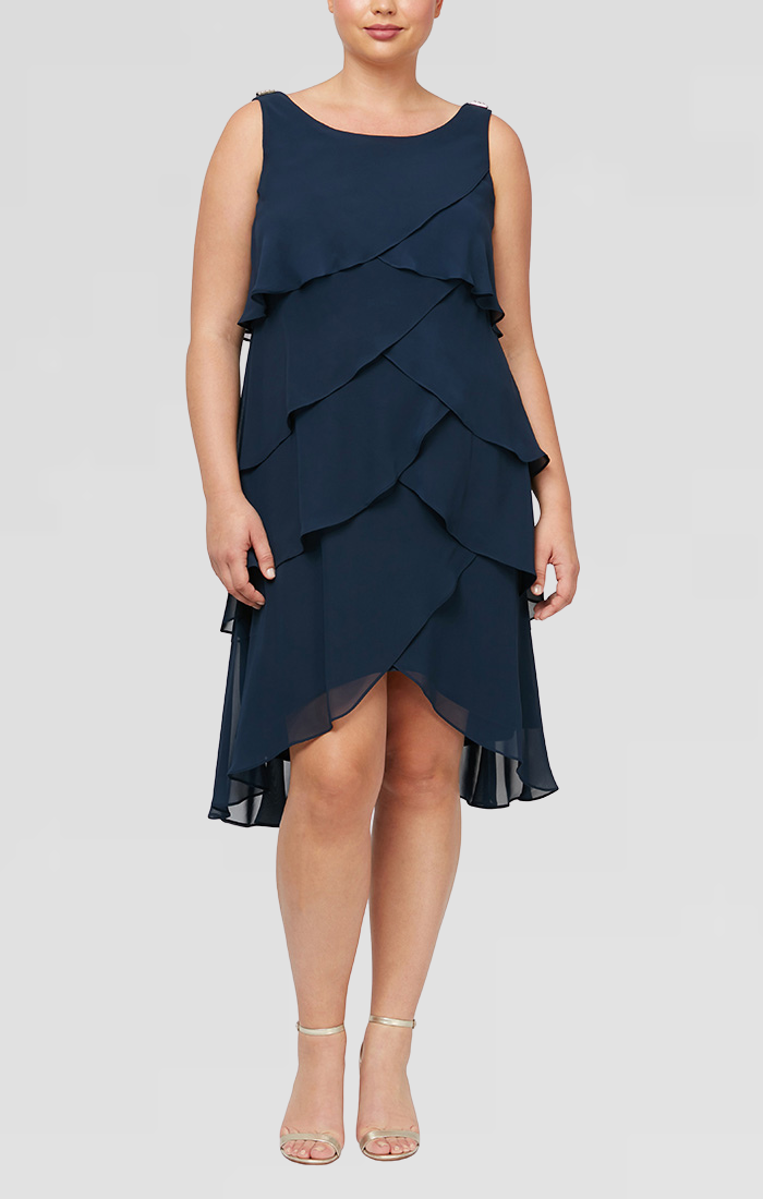 Plus Tulip Tiered Chiffon Cocktail Dress with Barrel Pins