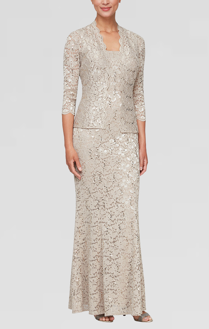 Long Fit and Flare Sequin Lace Dress with Scoop Neckline and