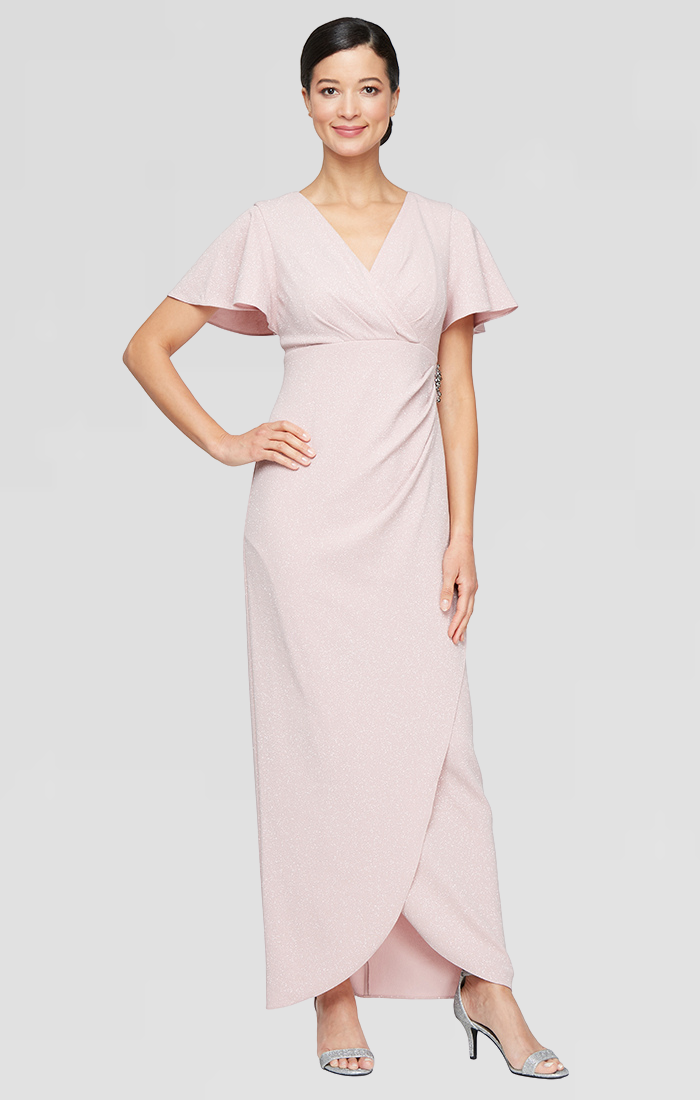 Empire Waist Metallic Knit Dress with Surplice Neckline