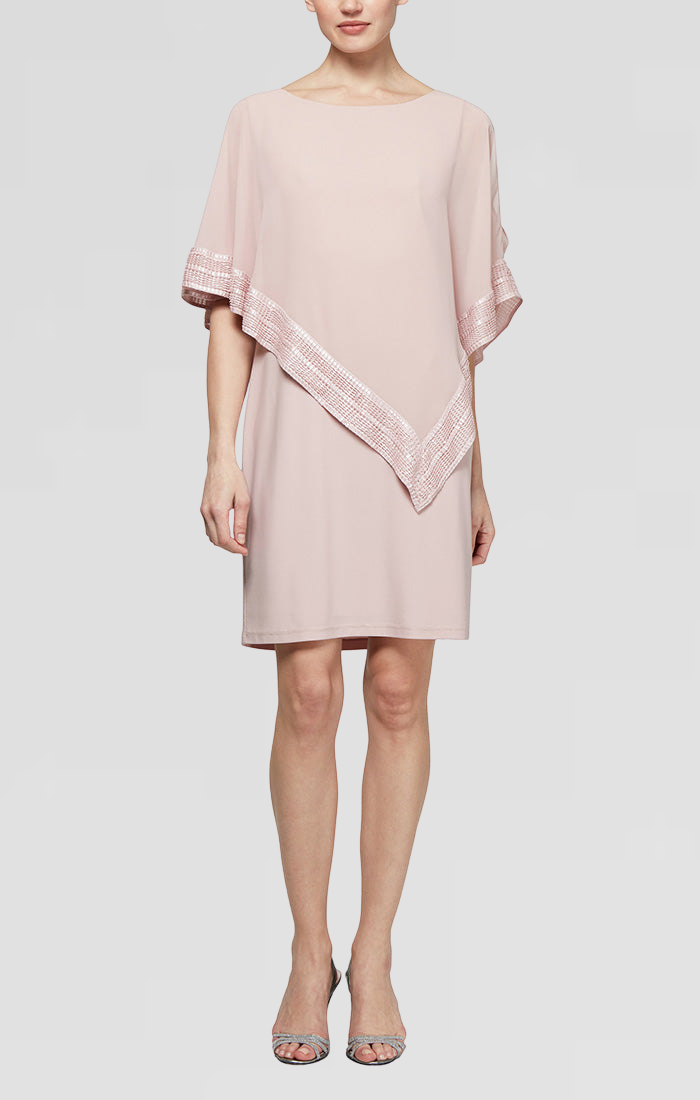 Foil Trim Asymmetrical Chiffon & Jersey Popover Cape Dress – S.L. Fashions