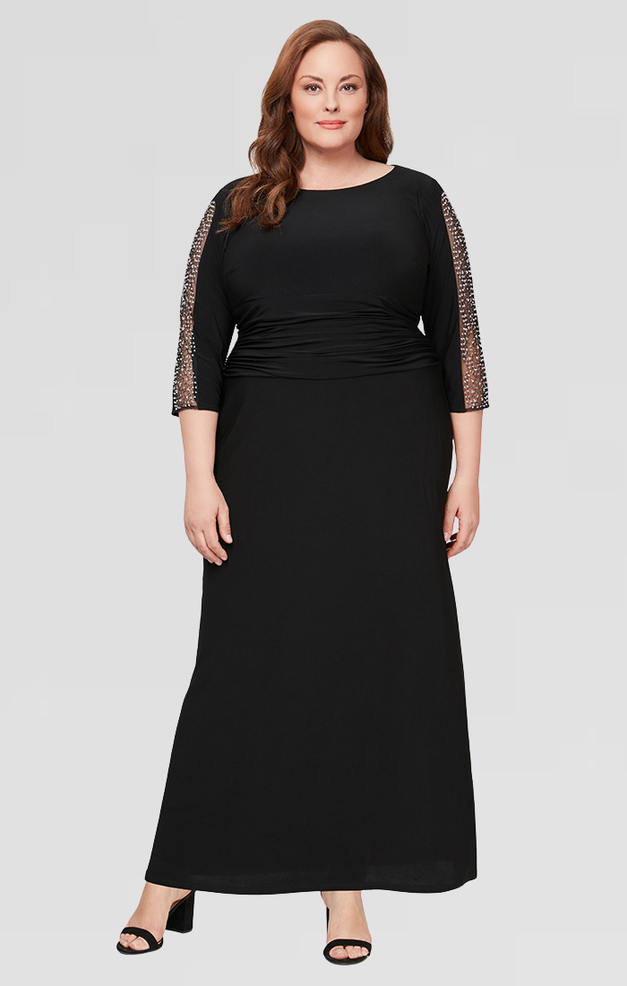 Plus Matte Jersey Long Dress with Embellished 3/4 Sleeve Detail Plus Matte Jersey Long Dress with Embellished 3/4 Sleeve Detail