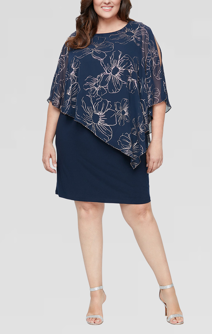 Plus Jersey Sheath Dress with Floral Chiffon with Beaded Trim Overlay S.L. Fashions Plus Jersey Sheath Dress with Floral Chiffon with Beaded Trim Overlay S.L. Fashions