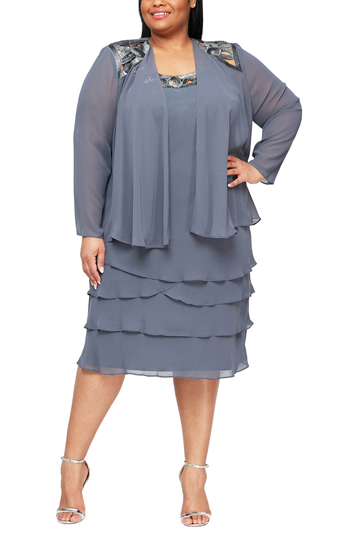 Plus 3/4 Sleeve Chiffon Jacket Dress with Tiered Skirt and Beaded Neckline Detail