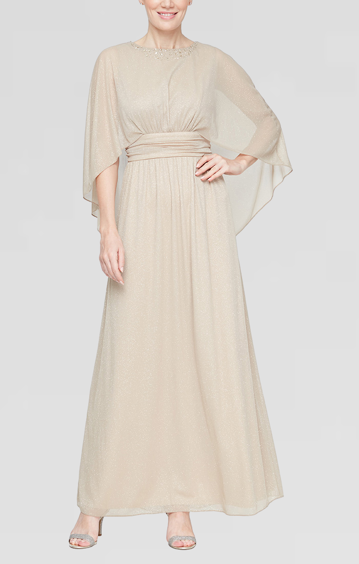 Long Glitter Mesh Ruched Waist Dress with Capelet Sleeves and Embellishment at Neckline