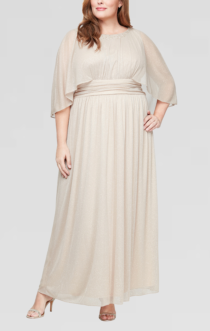 Plus - Long Glitter Mesh Ruched Waist Dress with Capelet Sleeves and E   S.L. Fashions