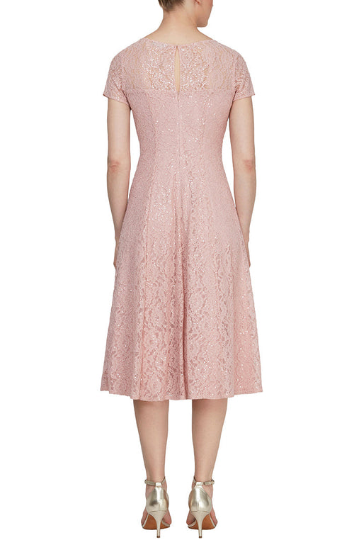 Cap Sleeve Tea Length Sequin Lace Dress