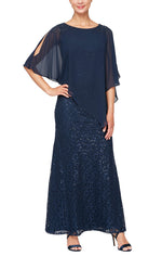 Petite Long Popover Dress With Beaded Shoulder Detail and Asymmetric Overlay