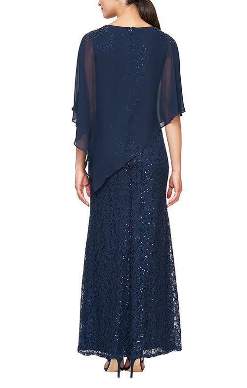 Petite Long Popover Dress With Beaded Shoulder Detail and Asymmetric Overlay