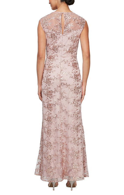 Long Sleeveless Embroidered Dress with Illusion Neckline Detail