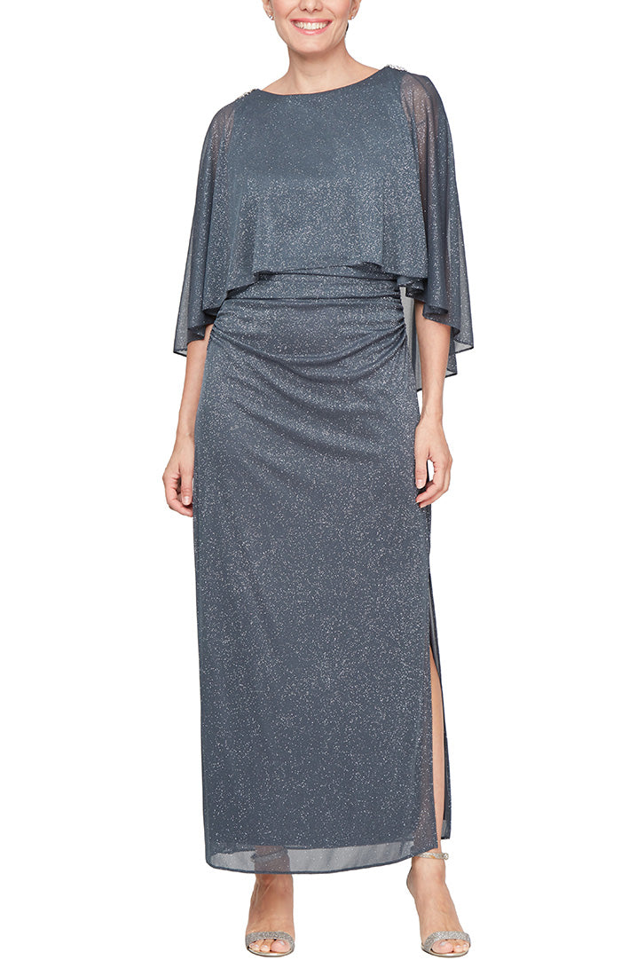 Long Glitter Mesh Column Dress with Cold Shoulder Popover and Embellishment Detail at Shoulders