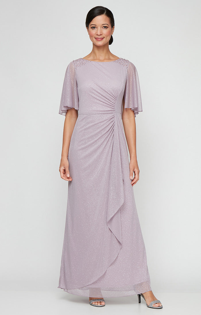 Regular - Long Glitter Mesh Dress with Embellished Elbow Sleeves and Cascade Overlay Skirt