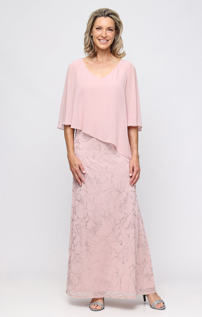 Sl Fashions Petite Glitter Mesh V-Neck Ball Gown - Blush