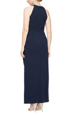 Beaded Halter Neck Matte Jersey Dress with Side Ruching at the Waist