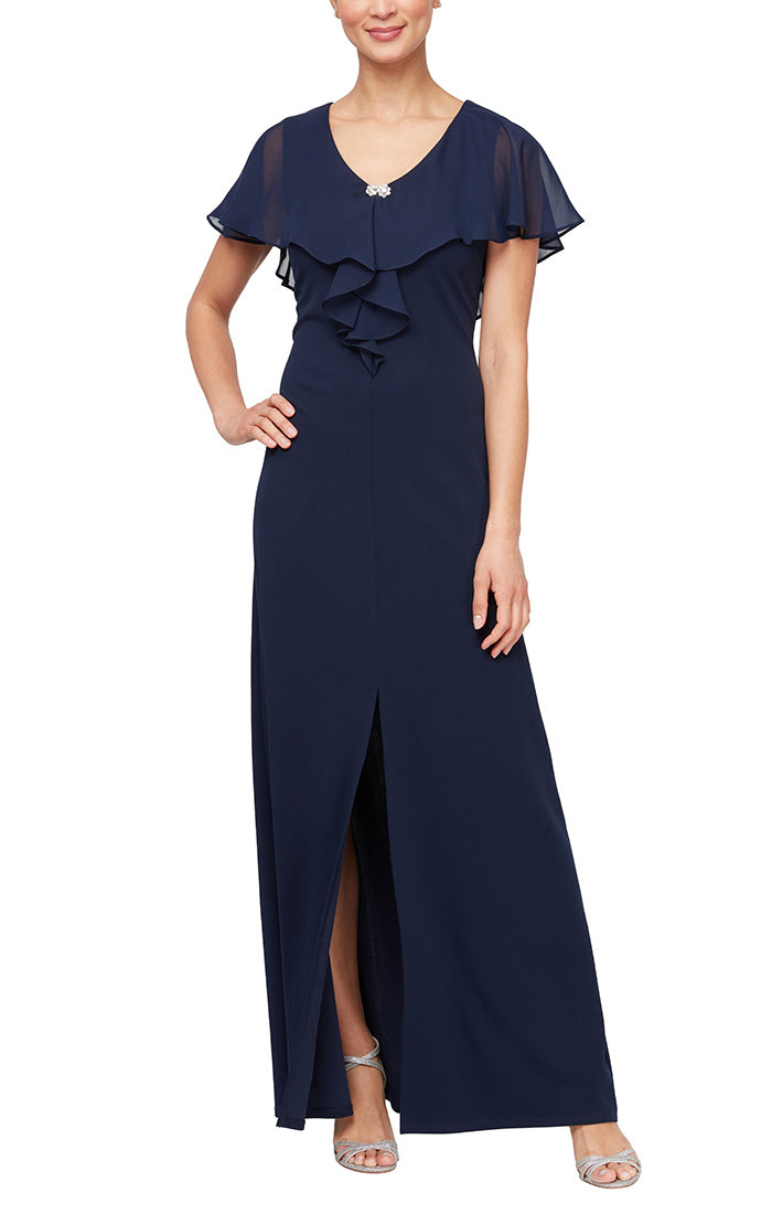 Petite Long V-Neck Fit and Flare with Illusion Overlay Bodice, Embellished Neckline and Front Slit