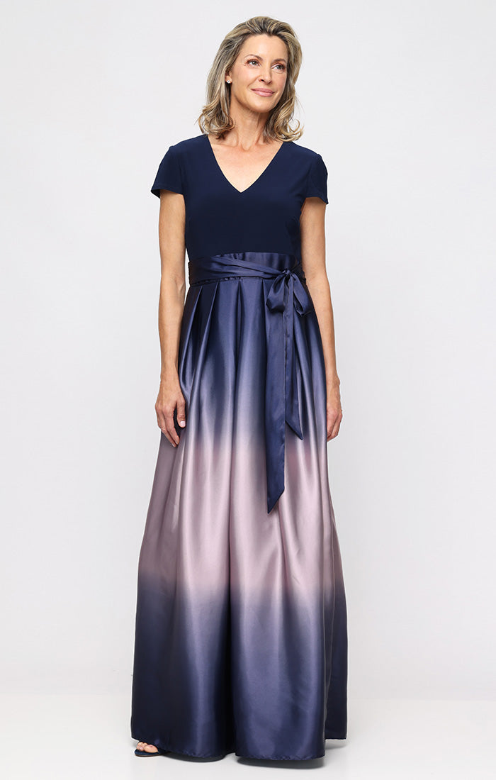 chinese dress ladies Long Ombre Satin Ballgown with Matte Jersey V-Neck Bodice, Cap Sleeves and Tie Waist