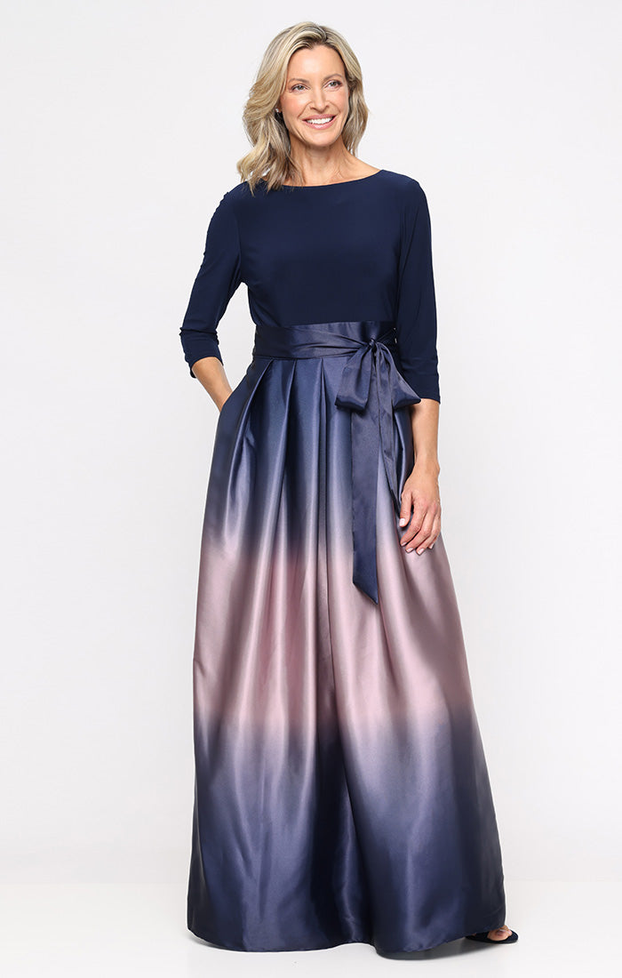 Petite 3/4 Sleeve Matte Jersey & Ombre Satin Ballgown S.L. Fashions Petite 3/4 Sleeve Matte Jersey & Ombre Satin Ballgown S.L. Fashions