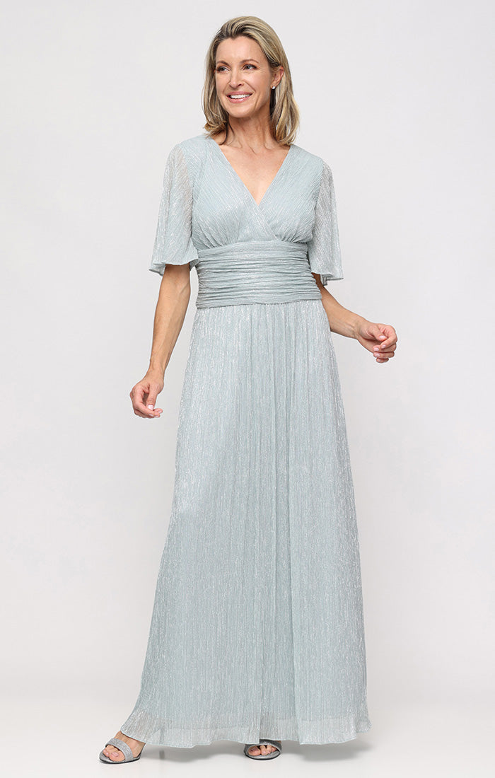 Plus Long A-Line Dress with Surplice Neckline, Flutter Sleeves and Ruc –  S.L. Fashions