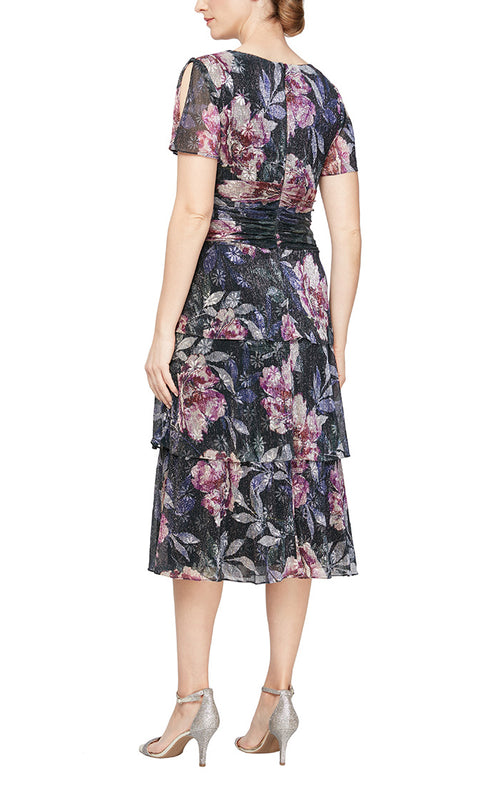 Tea Length Printed Surplice Neckline Dress with Ruched Waist & Tiered Skirt