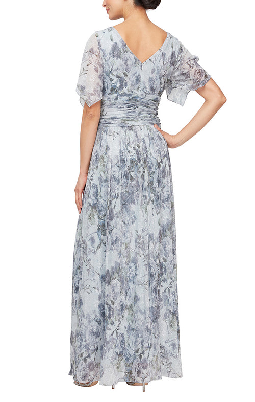 Long Printed Dress with Ruched Waist and Cold Shoulder Sleeves