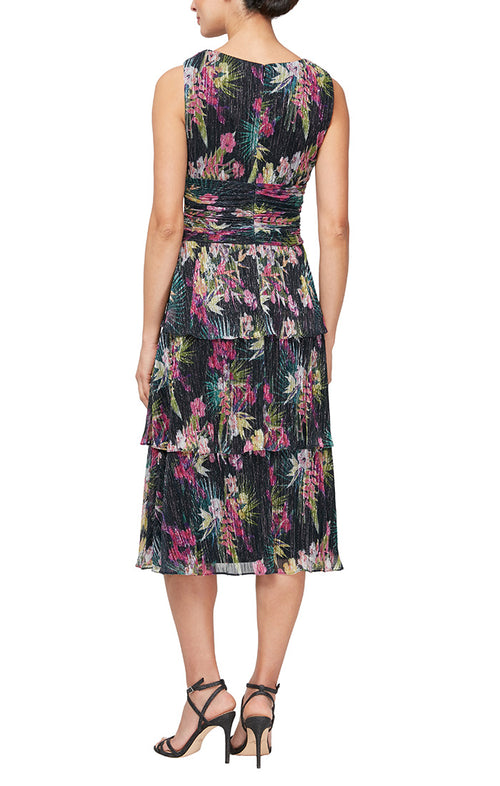 Midi Sleeveless Printed Dress with Ruched Waist and Tiered Skirt
