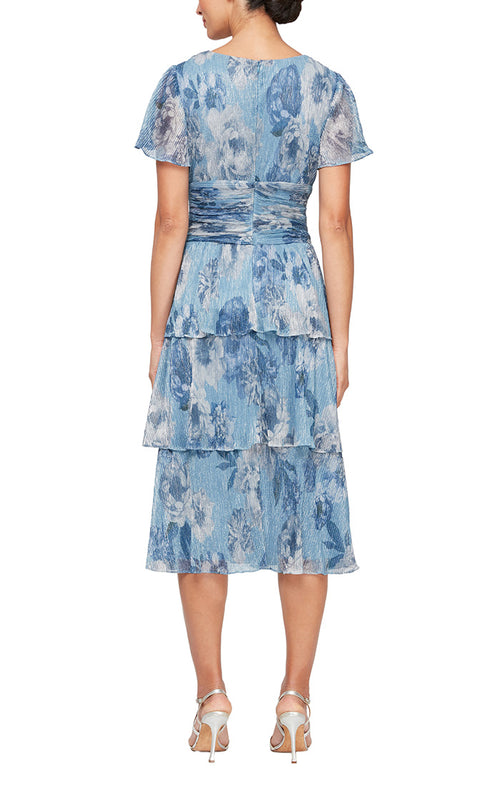 Tea Length Printed Dress with Surplice Neckline, Ruched Waist, Flutter Sleeves and Tiered Skirt
