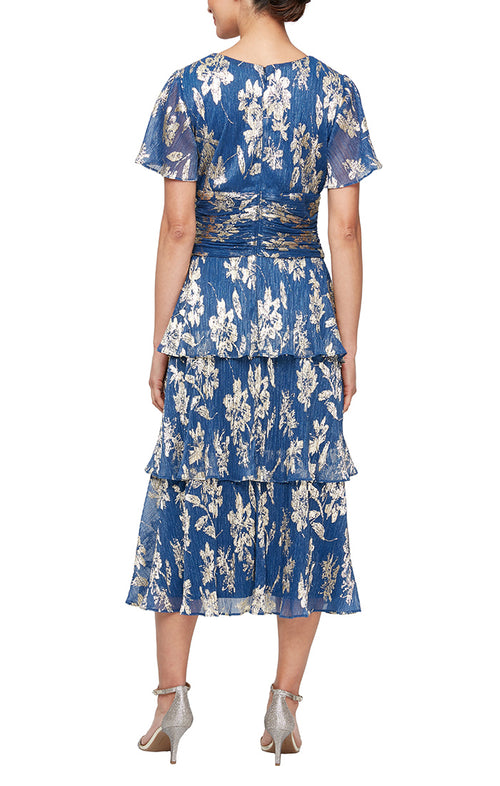 Foil Printed Surplice Neckline Dress with Ruched Waist & Tiered Skirt