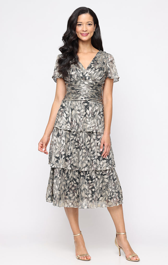 ruched waist floral tea dress Tea Length Printed Lurex Bodre Dress with Ruched Waist, Surplice Bodice, Cold Shoulder Sleeves and Tiered Skirt