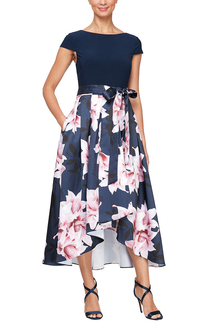 Cap Sleeve Printed High/Low Dress With Tie Waist Detail