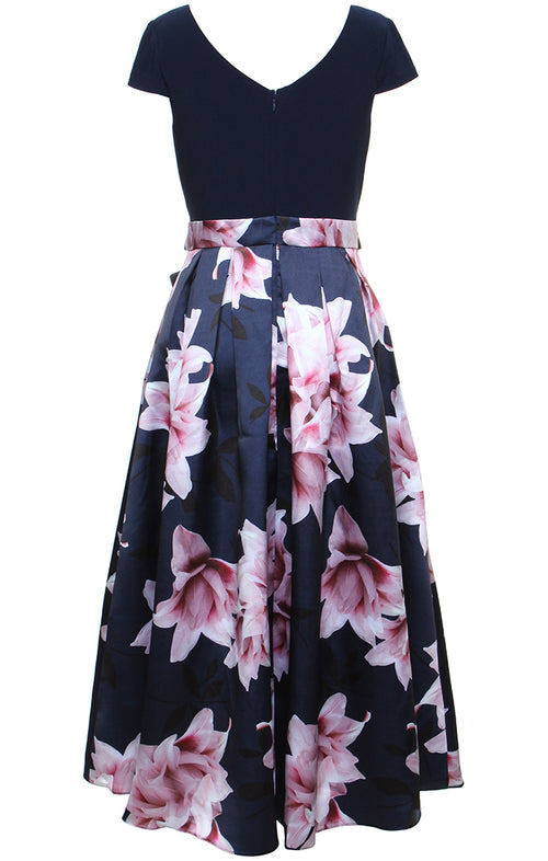 Cap Sleeve Printed High/Low Dress With Tie Waist Detail