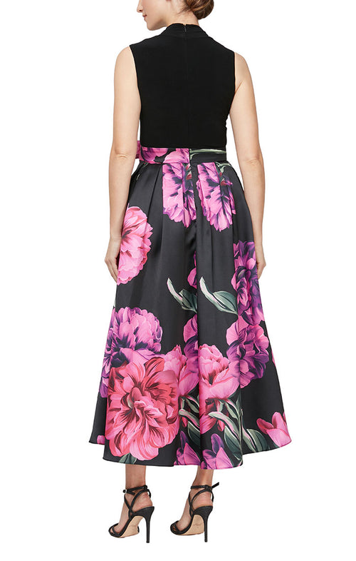 Sleeveless Printed High/Low Party Dress with Tie Waist Detail