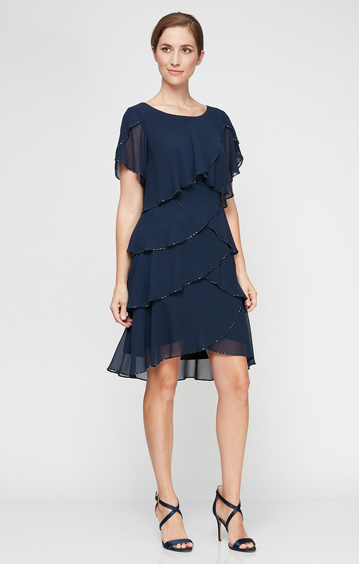 Petite Tiered Chiffon Cocktail Dress with Bugle Beaded Trim and Flutte –  S.L. Fashions