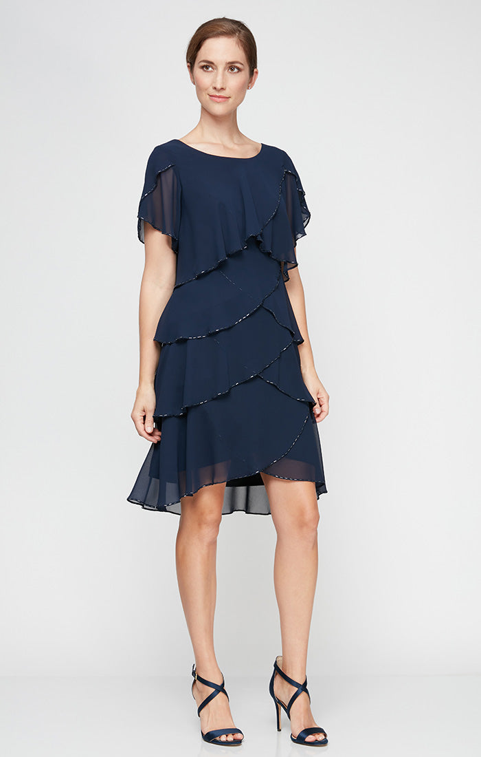 Tiered Chiffon Cocktail Dress with Bugle Beaded Trim and Flutter Sleeves Tiered Chiffon Cocktail Dress with Bugle Beaded Trim and Flutter Sleeves