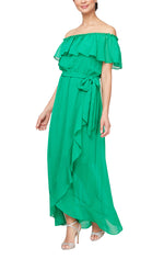 Off-the-Shoulder Dress with Tie Waist & Tulip Overlay Skirt