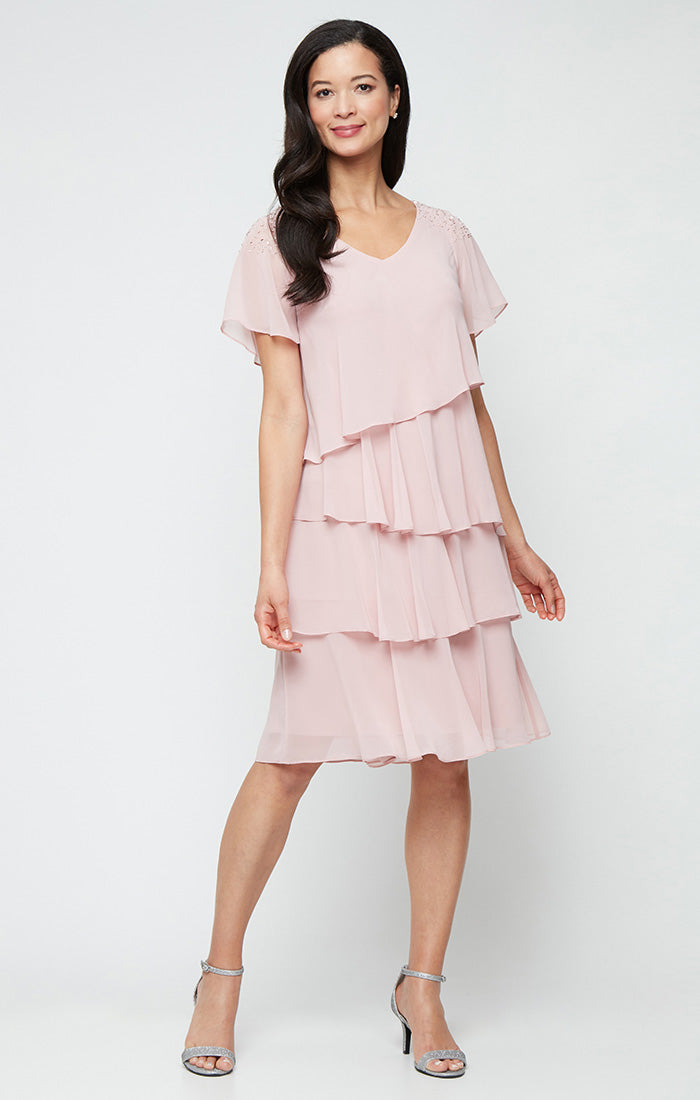 Chiffon Tiered Short Dress with V-Neckline, Beaded Shoulder Detail & A – S.L. Fashions