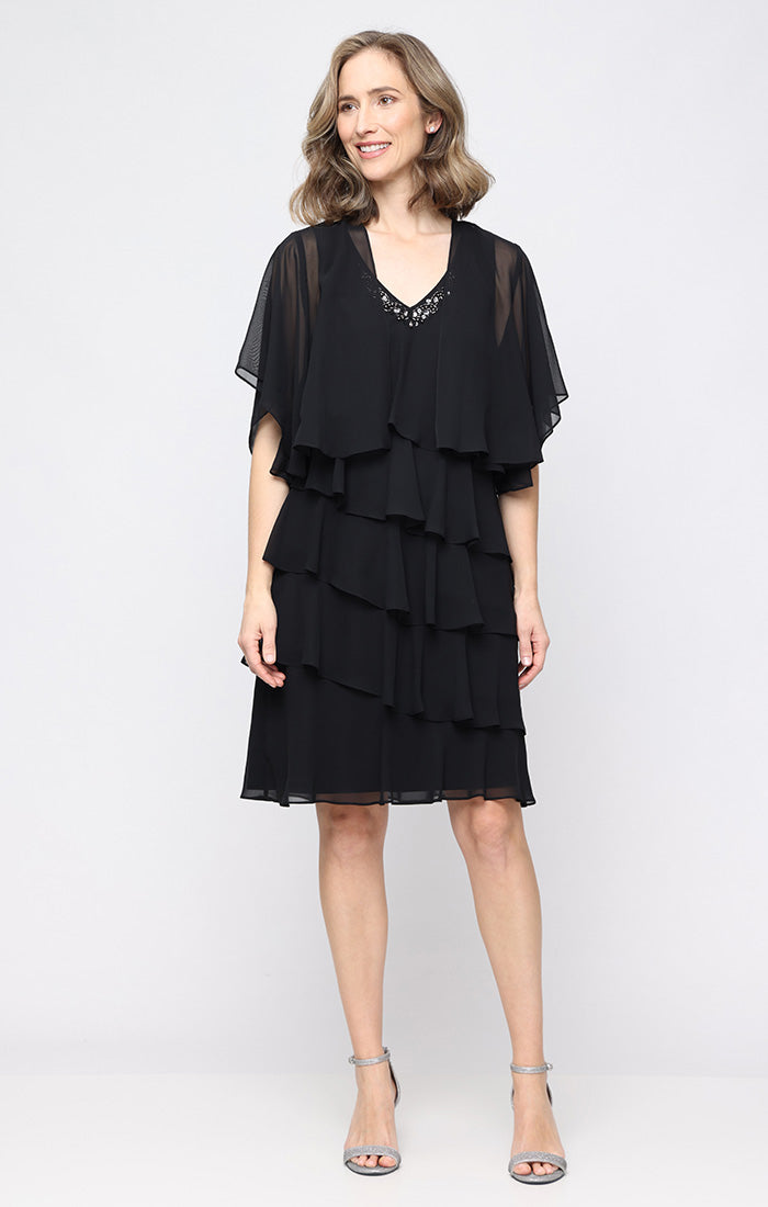 Short Chiffon Jacket Dress with Asymmetric Tiers and Open Cascade Jacket