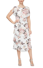 Tea Length Printed Tiered Dress With Capelet Sleeves and Embellishment at Shoulders