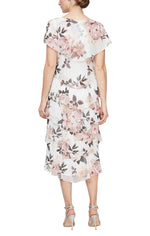 Tea Length Printed Tiered Dress With Capelet Sleeves and Embellishment at Shoulders