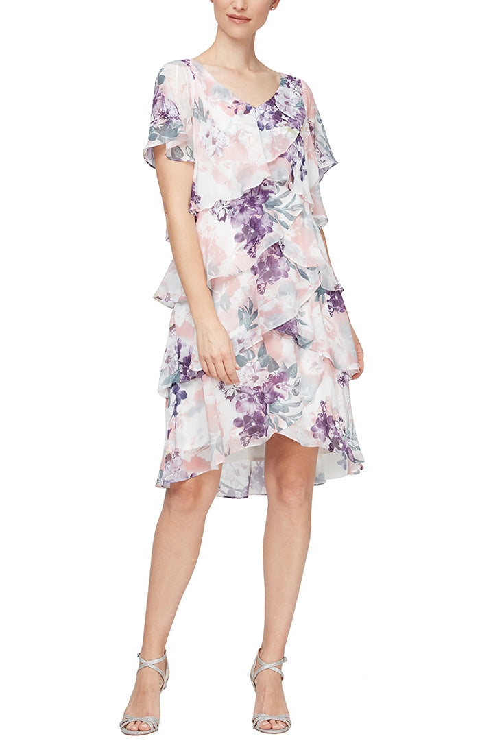Printed Tulip Tiered Cocktail Dress with Short Sleeves