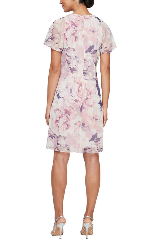 Regular - Short Printed Dress With Embellished Cutout Neckline, Front Cascade and Short Sleeves