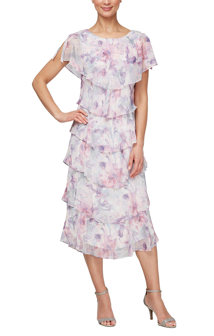 Petite Midi Printed Tiered Dress with Embellishment Detail at Shoulders