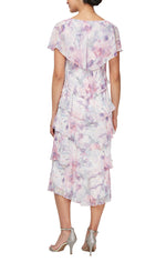 Midi Printed Tiered Dress with Embellishment Detail at Shoulders