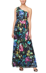 Long Printed One Shoulder Maxi with Tie Waist