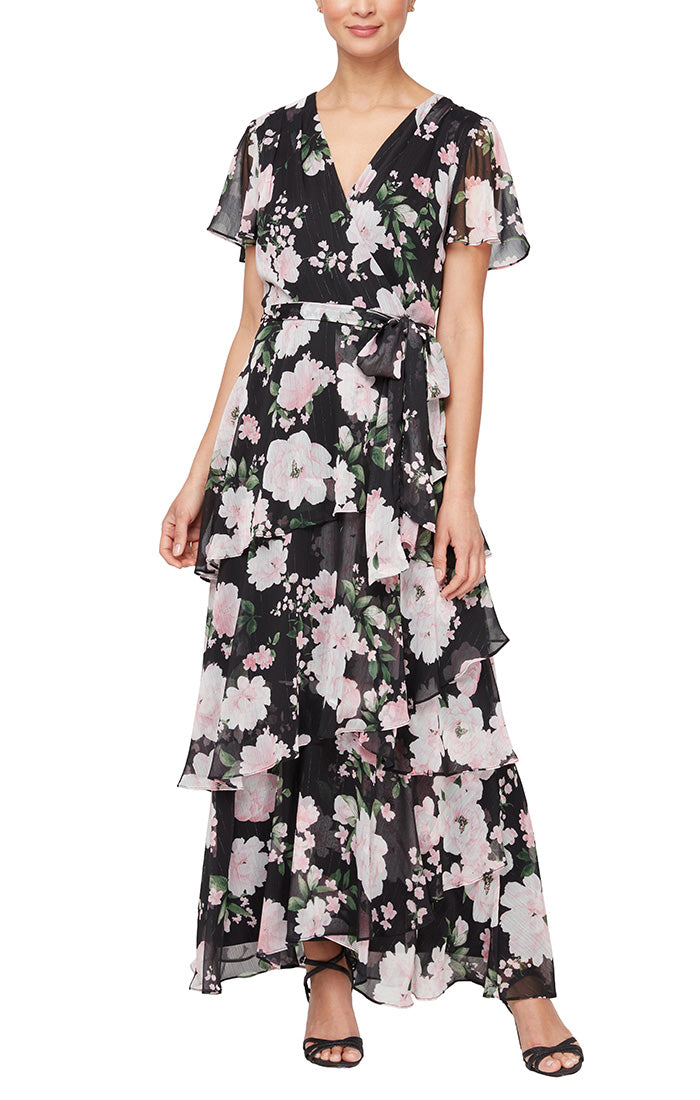 Long Printed Maxi with Surplice Neckline, Tie Belt and Tiered Skirt