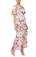 Long Printed Cowl Neck Dress with Flutter Sleeves, Tiered Skirt & Embellishment at Shoulders