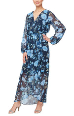 Long Printed Surplice Neckline Maxi with Tulip Overlay Skirt and Tie Belt
