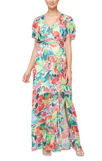 Long Printed Maxi with Surplice Neckline and Ruched Waist