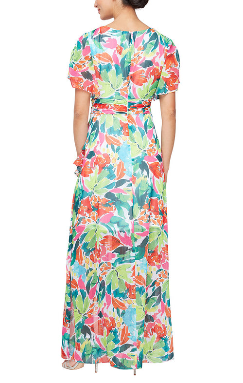 Long Printed Maxi with Surplice Neckline and Ruched Waist