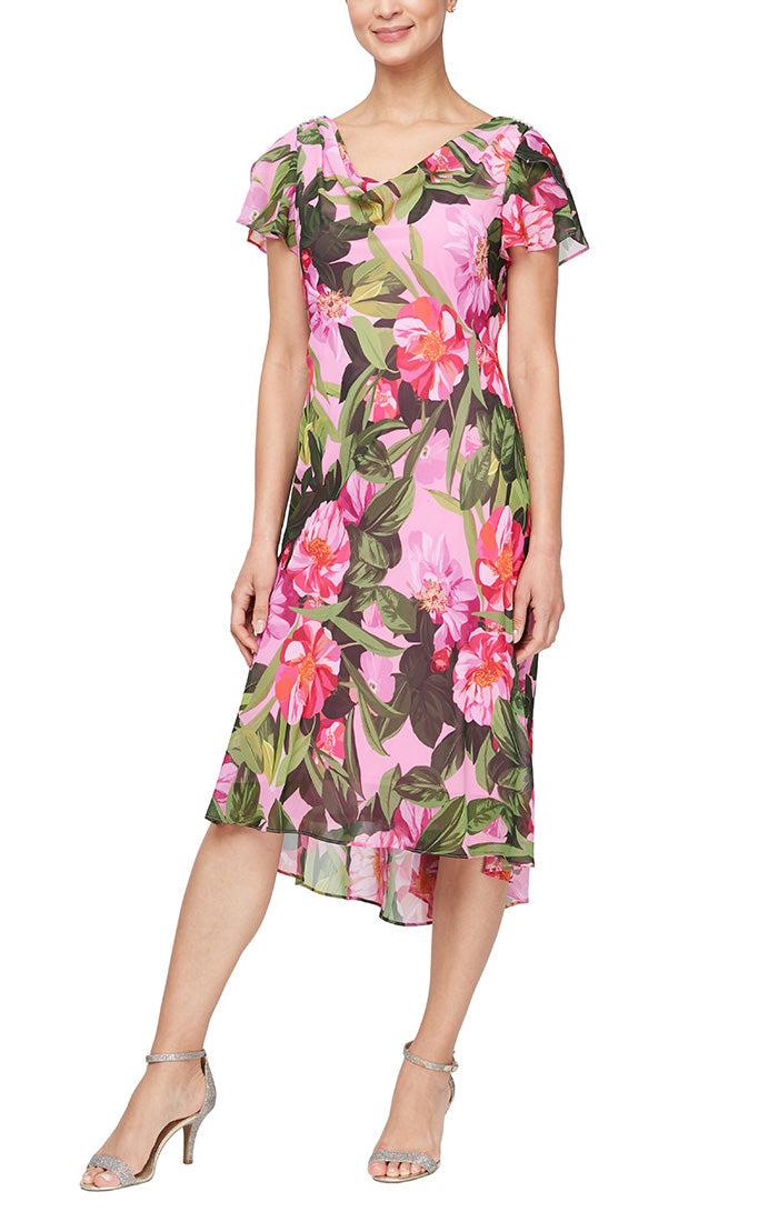 Midi Printed Cowl Neck Dress with Flutter Sleeve and Embellishment at Shoulder